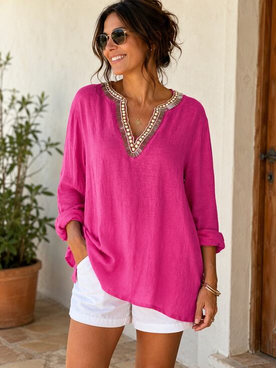 Chico's Tops - Chico’s Pink 100% Linen Beaded Embellished V-Neck Tunic Top XXL Resort Summer